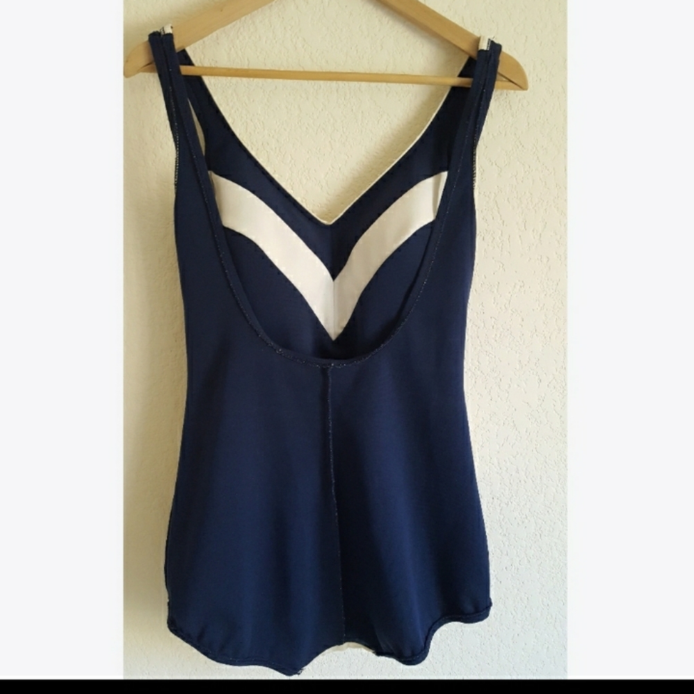 Vintage Navy and White Women's One Piece Swimsuit